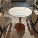 Round Light Stone-Top Sofa Side Table with Rose Gold Pedestal and Hexagonal Metal Base